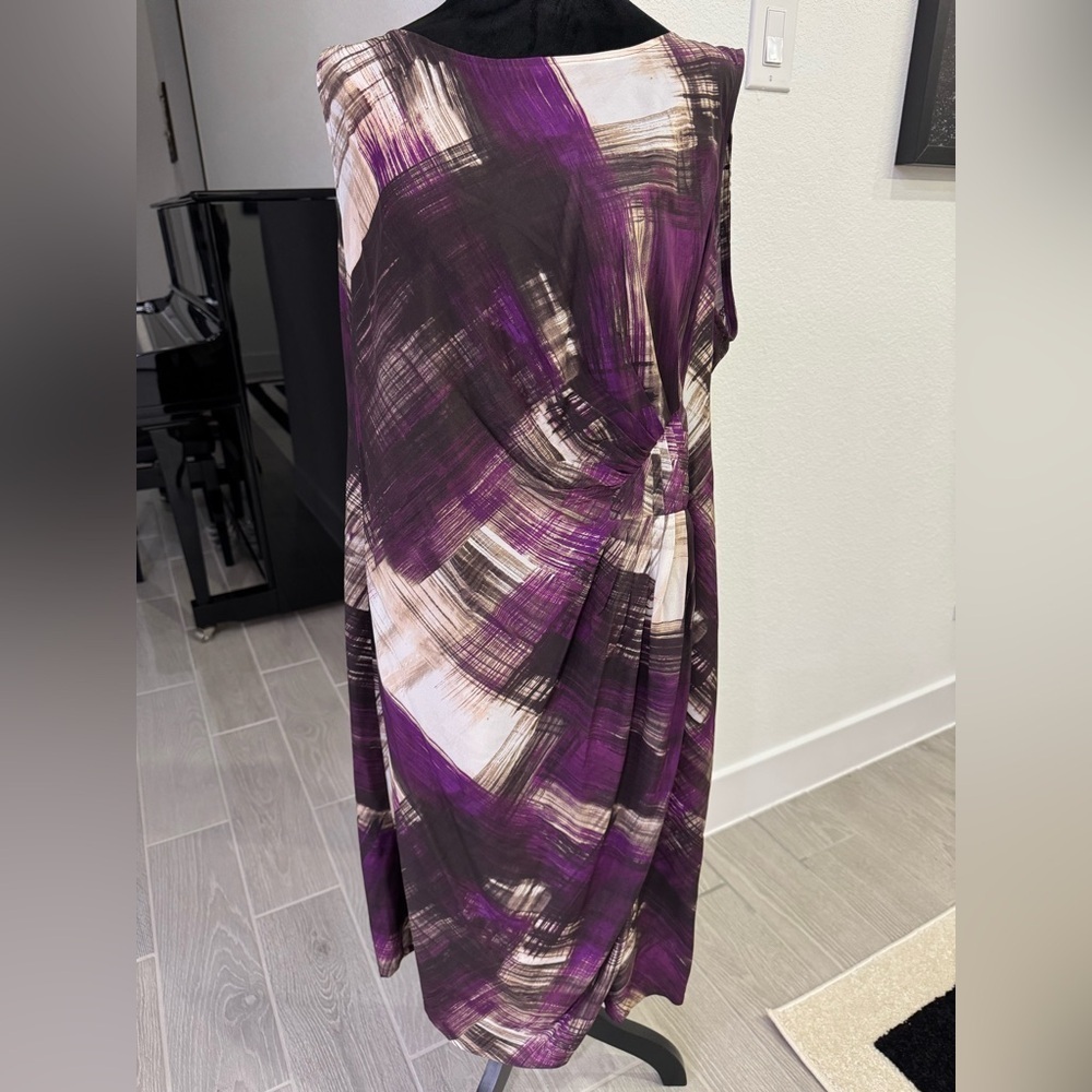 MARINA RINALDI Purple Abstract Gathered Detail Sleeveless Dress Size 23 VGUC